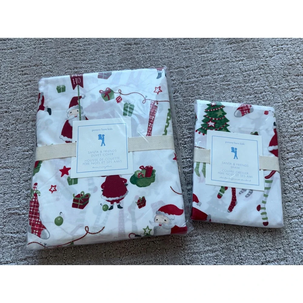 Pottery Barn Kids Duvet Set Kids Twin White NWT Santa & Friends Christmas Cotton